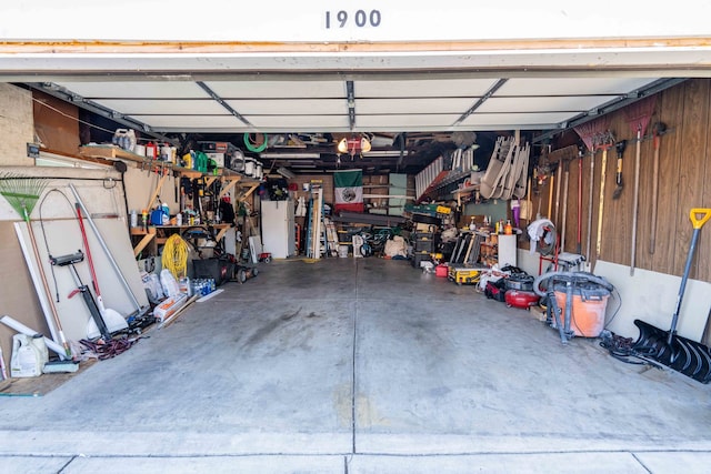 garage with a workshop area