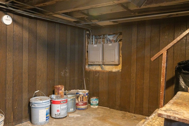 basement featuring wooden walls