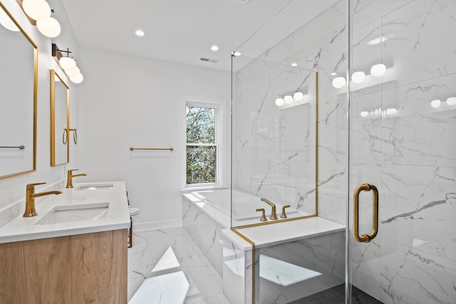 full bathroom featuring tile flooring, double vanity, separate shower and tub, and toilet