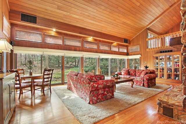 living room featuring high vaulted ceiling, wooden ceiling, and light wood-type flooring