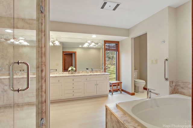 full bathroom with toilet, wood-type flooring, vanity, plus walk in shower, and a chandelier