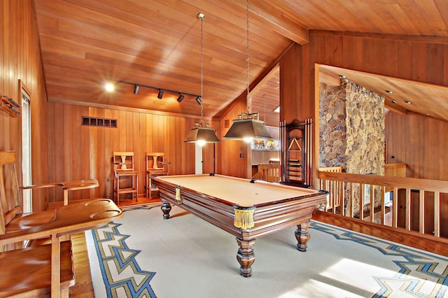 playroom featuring wood walls, vaulted ceiling with beams, pool table, wood ceiling, and track lighting