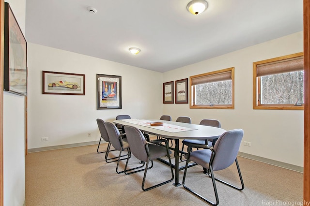 dining space with light colored carpet