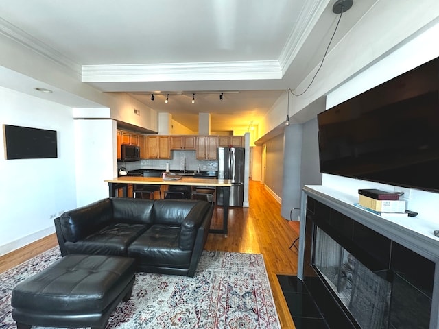 living room featuring sink, rail lighting, ornamental molding, and dark hardwood / wood-style flooring