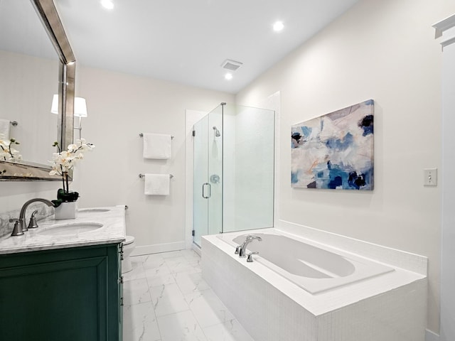 full bath featuring visible vents, marble finish floor, vanity, a shower stall, and a bath