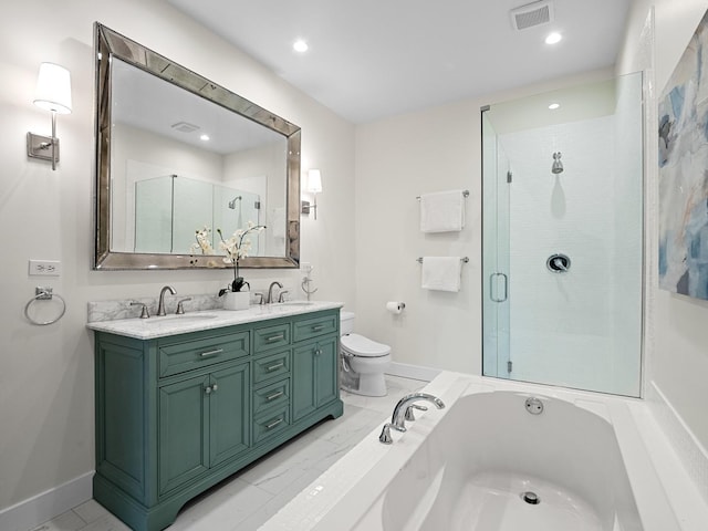 full bath featuring toilet, a sink, visible vents, and a shower stall