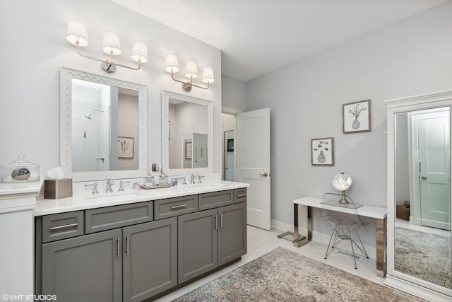 9748 Folkers Dr, Frankfort, IL 60423 - full bath with tile patterned flooring, double vanity, a tile shower, and a sink