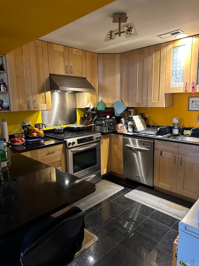 kitchen with light brown cabinets, dark tile flooring, stainless steel appliances, and sink