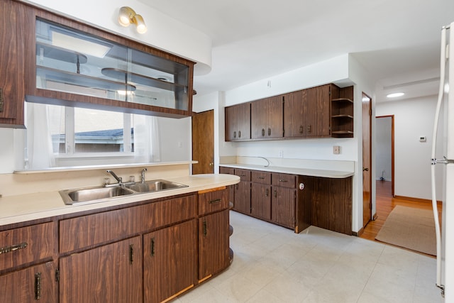 kitchen featuring white refrigerator, light hardwood / wood-style floors, dark brown cabinets, and sink