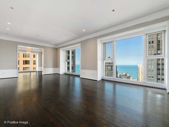 empty room with crown molding, plenty of natural light, dark hardwood / wood-style flooring, and a water view