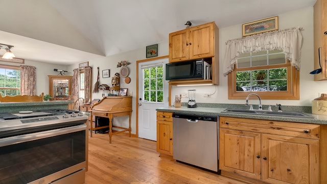 kitchen featuring plenty of natural light, sink, light wood-type flooring, and stainless steel appliances