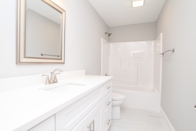 full bathroom featuring bathtub / shower combination, vanity, toilet, and tile flooring