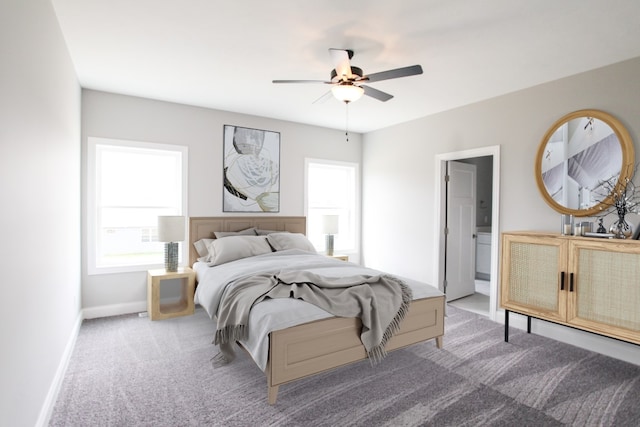 bedroom featuring connected bathroom, ceiling fan, and carpet floors