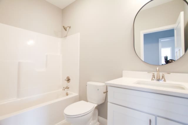 full bathroom with shower / bathtub combination, toilet, and large vanity