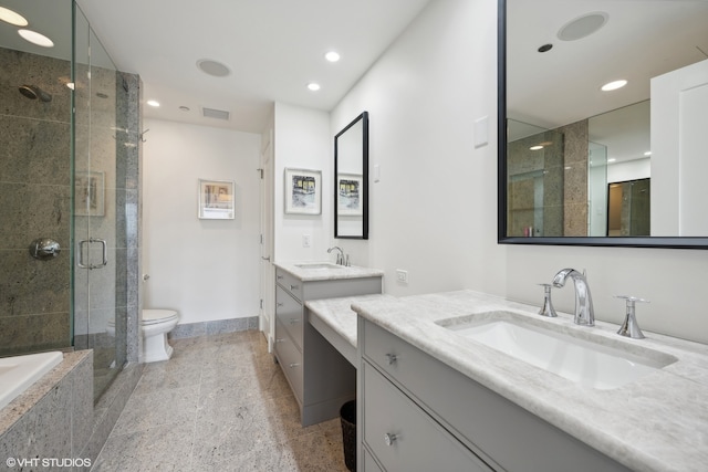 full bathroom featuring independent shower and bath, vanity, toilet, and tile flooring