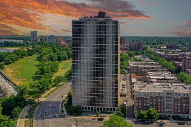 view of aerial view at dusk