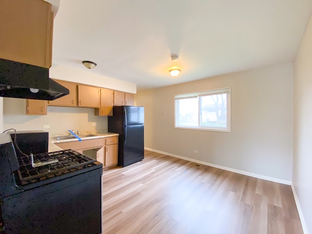 kitchen with sink, light hardwood / wood-style flooring, light brown cabinetry, and black fridge