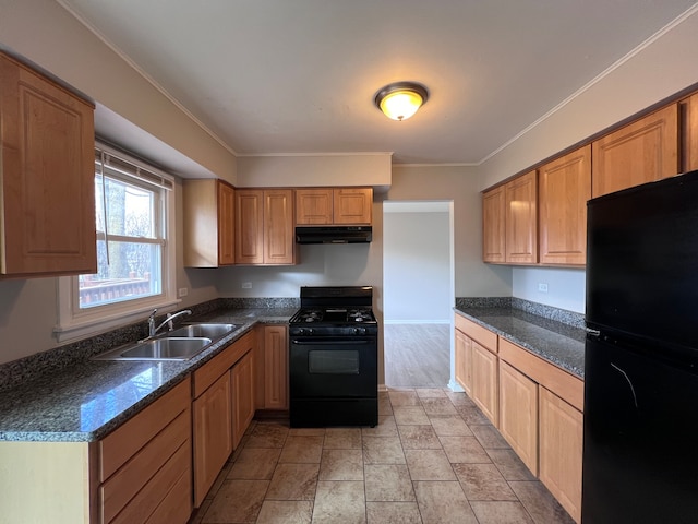 kitchen featuring light tile floors, range hood, sink, black appliances, and ornamental molding