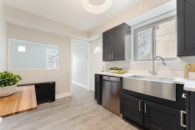 kitchen featuring dishwasher, sink, a wealth of natural light, and light hardwood / wood-style floors