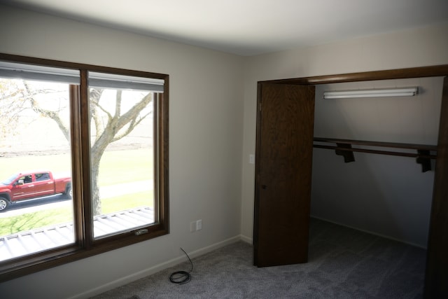 interior space with a closet, dark colored carpet, and multiple windows