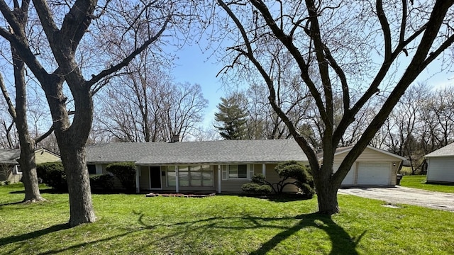 single story home featuring a garage and a front lawn