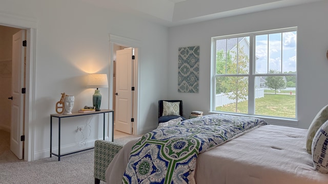 bedroom featuring multiple windows and light colored carpet