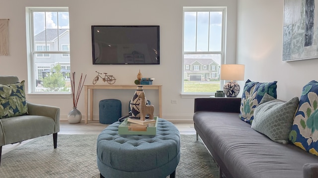 living room featuring plenty of natural light, baseboards, and wood finished floors