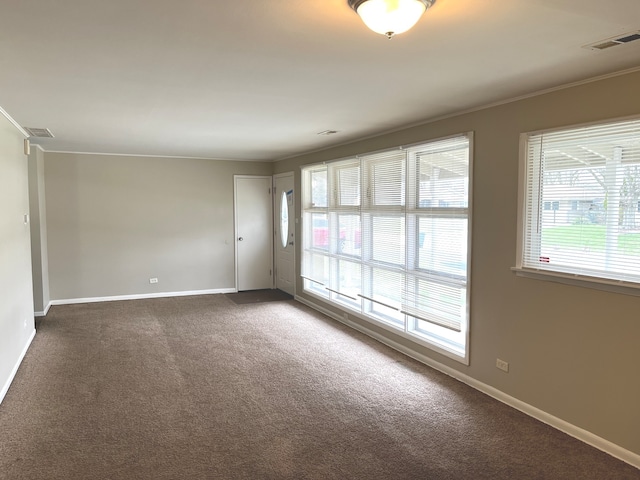 carpeted spare room with ornamental molding