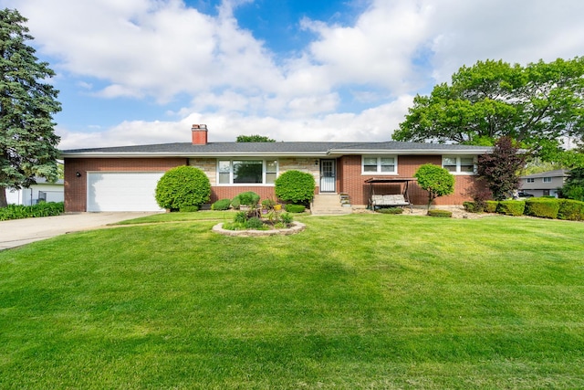 6840 157th St, Tinley Park, IL 60477 - single story home featuring brick siding, an attached garage, a chimney, and a front yard