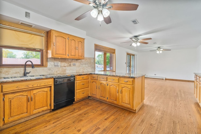 6840 157th St, Tinley Park, IL 60477 - kitchen with dishwasher, a sink, a peninsula, baseboard heating, and ceiling fan