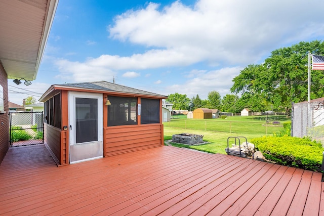6840 157th St, Tinley Park, IL 60477 - wooden terrace featuring a fire pit and a sunroom