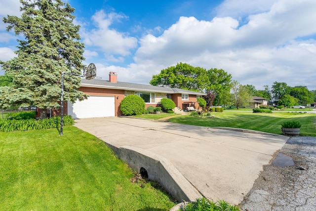 6840 157th St, Tinley Park, IL 60477 - view of front of property featuring concrete driveway, a front yard, an attached garage, brick siding, and a chimney