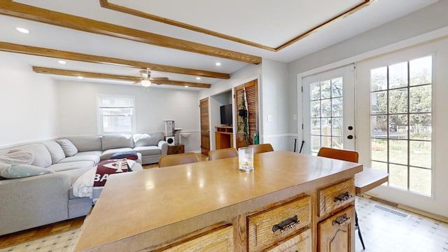 dining space featuring a healthy amount of sunlight, light hardwood / wood-style floors, and ceiling fan