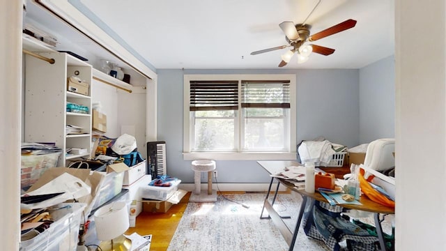 office with ceiling fan and hardwood / wood-style flooring