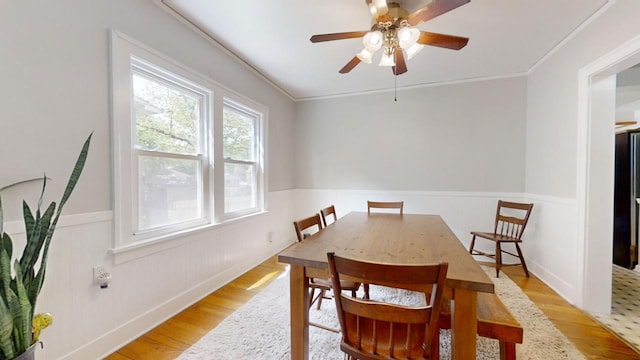 dining area featuring crown molding, ceiling fan, and light wood-type flooring