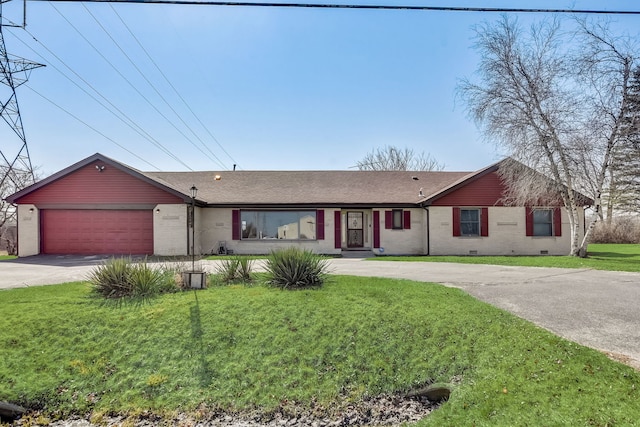 ranch-style home featuring a front yard, crawl space, brick siding, and concrete driveway