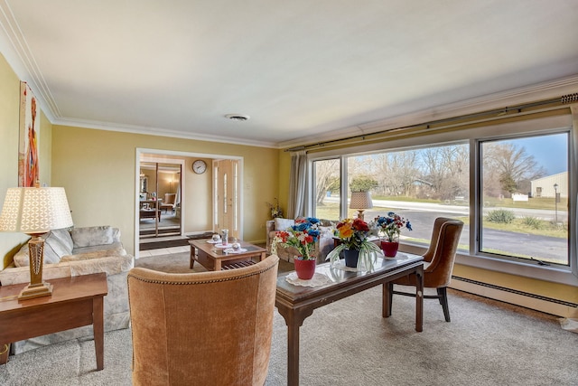 dining space featuring a baseboard radiator, light colored carpet, visible vents, and crown molding