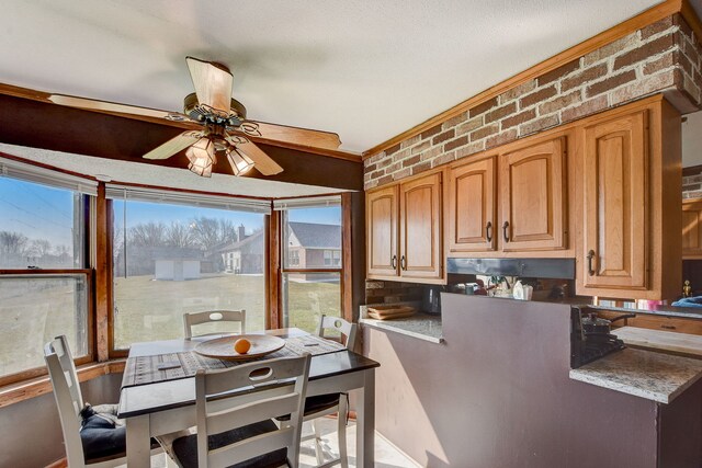 kitchen with a wealth of natural light, ceiling fan, crown molding, and brick wall