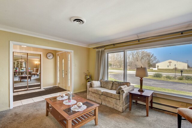 carpeted living room with crown molding