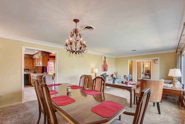 tiled dining area featuring crown molding and a notable chandelier