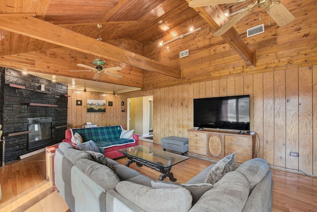 living room with ceiling fan, wood walls, light hardwood / wood-style floors, and wooden ceiling