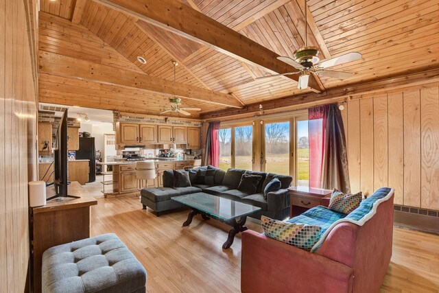 living room featuring ceiling fan, light wood-type flooring, wood walls, and wood ceiling