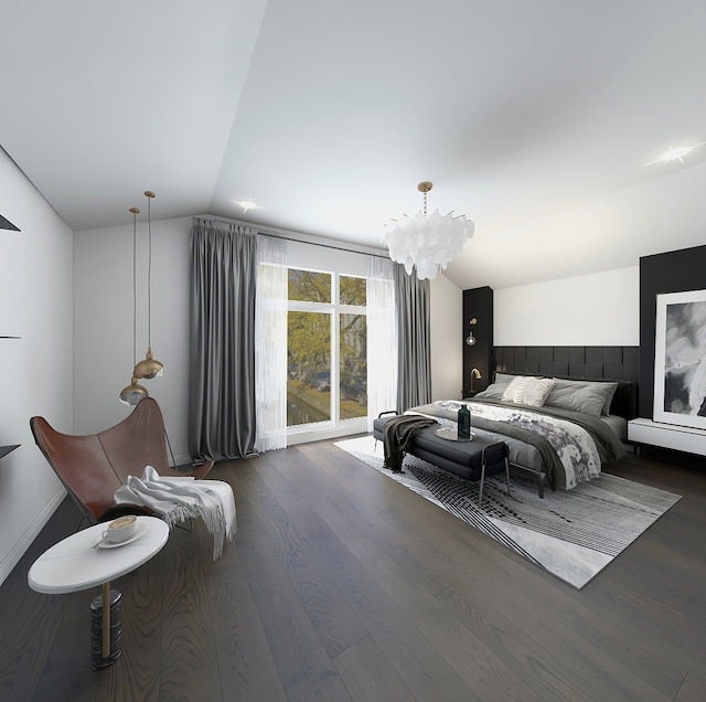 bedroom with a chandelier, dark hardwood / wood-style flooring, and lofted ceiling