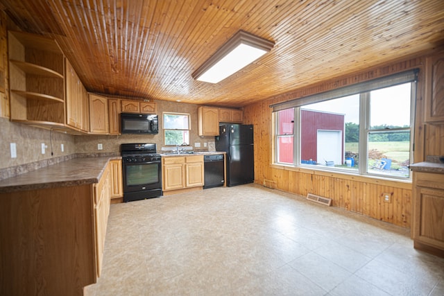 kitchen with decorative backsplash, wood ceiling, wooden walls, sink, and black appliances