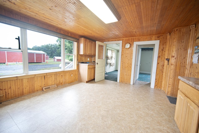 kitchen with wood ceiling and wood walls