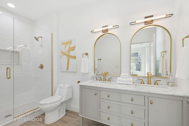 bathroom featuring walk in shower, vanity, toilet, and wood-type flooring