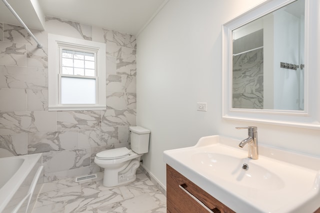 full bathroom with tile walls, toilet, vanity, shower / tub combination, and tile floors