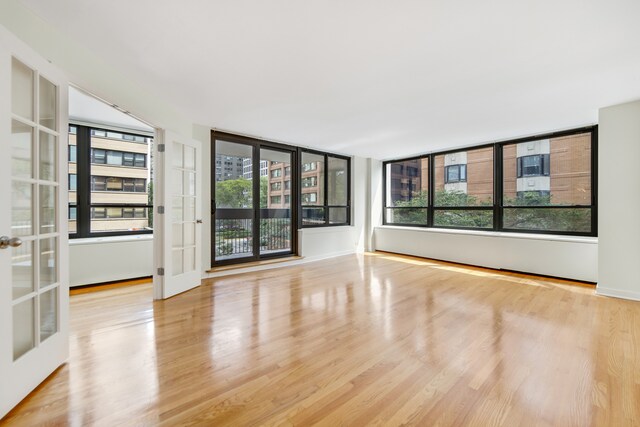 spare room with french doors and light wood-type flooring