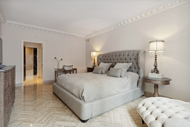 bedroom featuring ornamental molding and parquet floors