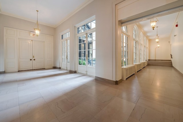 doorway with radiator, crown molding, and tile flooring